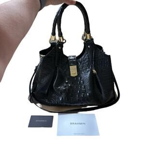 Brahmin Elisa Melbourne Large Leather Satchel Black Gold Registration Card